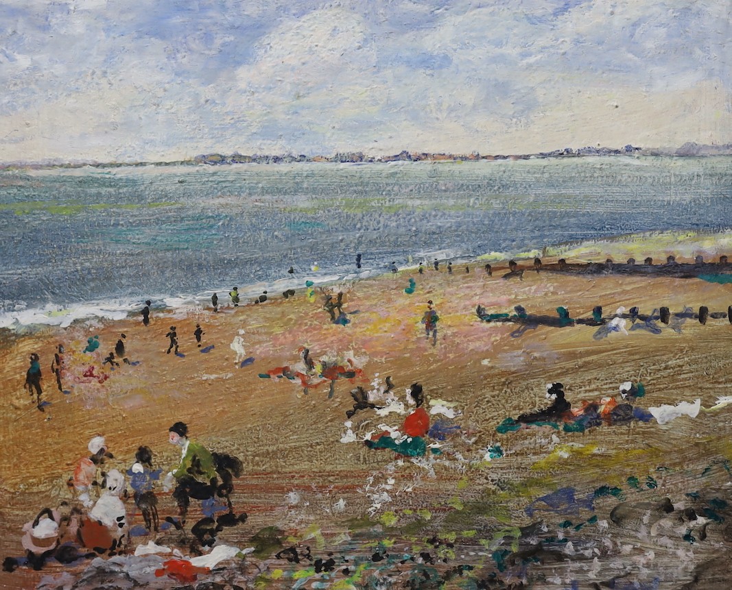 Modern British, oil on board, Figures at the seaside, 49 x 59cm